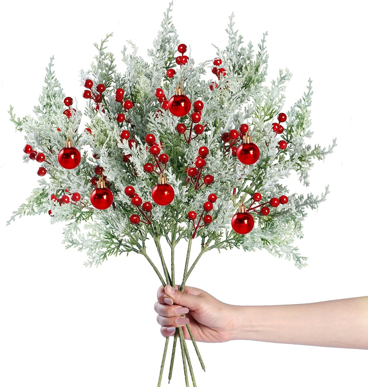 6 Pack Snowy Artificial Pine Branches Frosted Faux Cedar Spray(White)